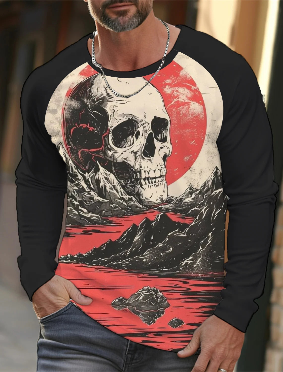 Men's long-sleeved T-shirt 3D printed high-definition skull stitching printing men's autumn tops casual round neck home clothes