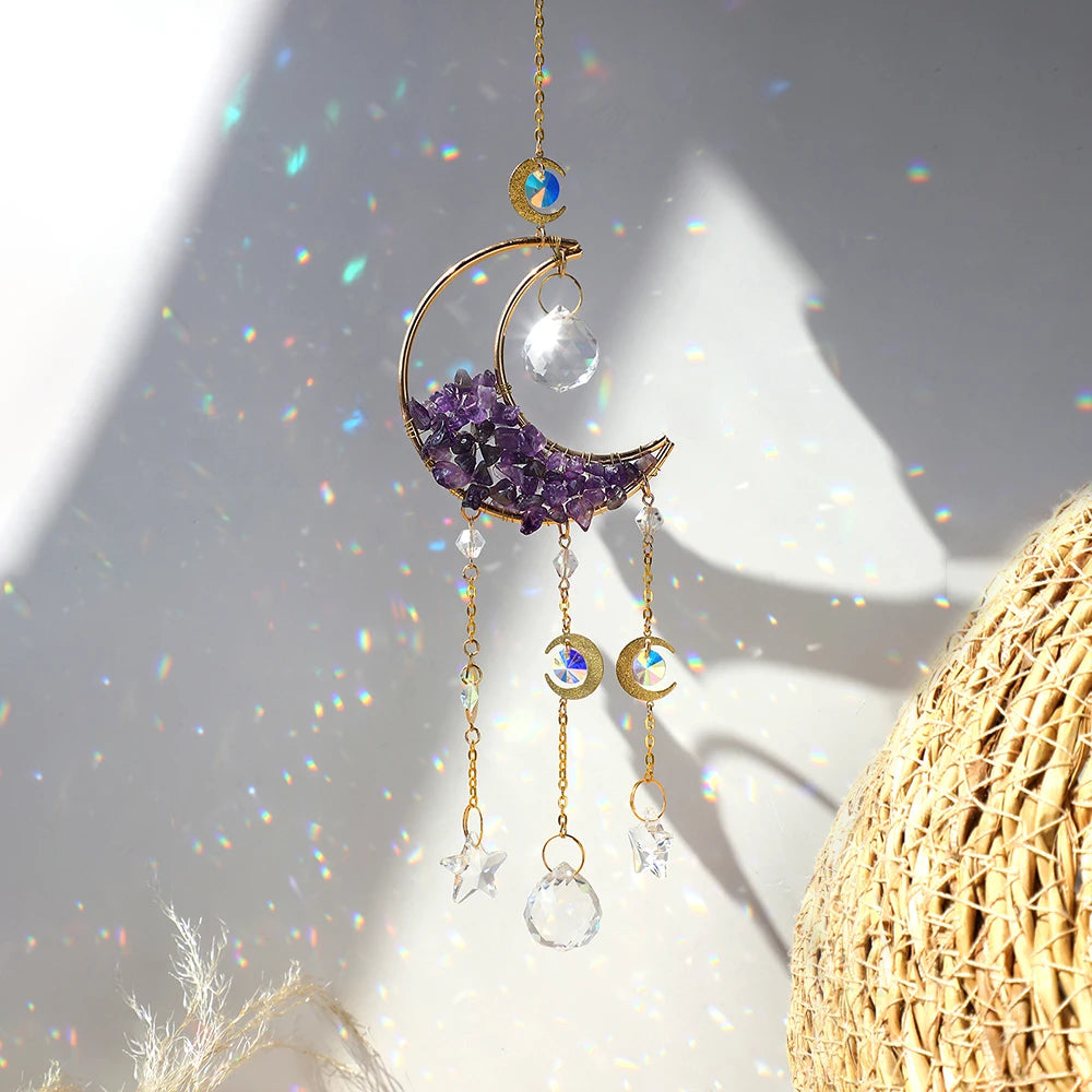 Amethyst Suncatcher Moon Crystal Gemstone Windchime Sun Catcher Home Decor Rainbow Crystal Window Yard Garden Decoration Outdoor