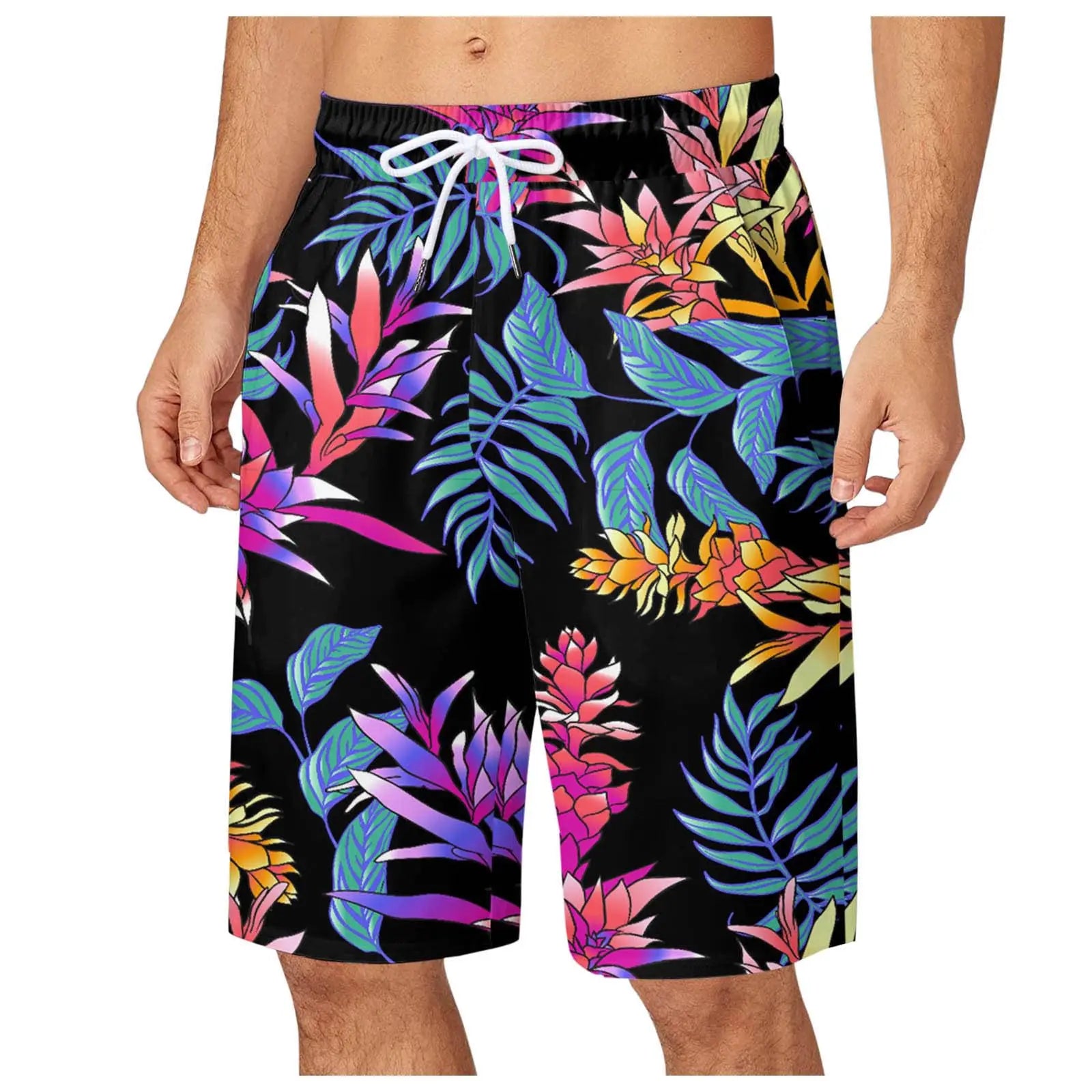 Men's Leaf Printed Sports Shorts Boys Summer Cool Hawaiian 3D Printed Casual Swim Trunks Drawstring Surfboard Shorts