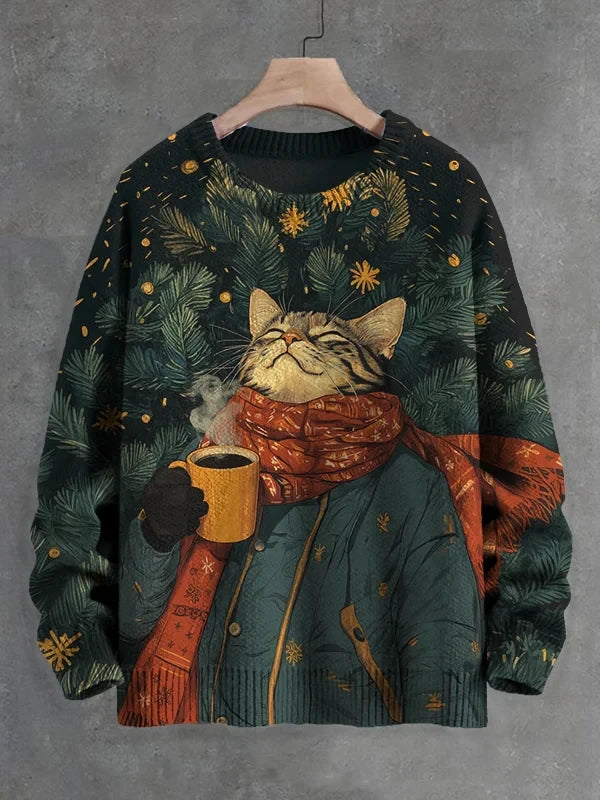 Men's Winter Skiing Animal Kitten Printed Casual Sweatshirt Fashion Round Neck Pullover Sweatshirt Polyester Fabric 2025 New