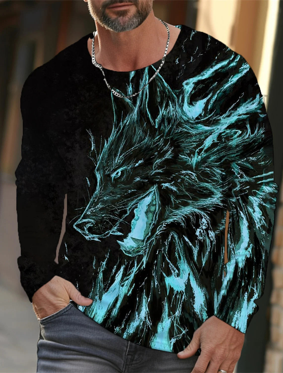 Men's long sleeve t-shirt 3d print high definition wolf animal hand-painted print men's autumn top casual round neck t-shirt