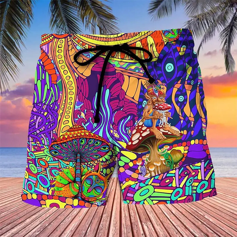 3D mushroom print men's casual shorts Tropical summer vitality style fashion shorts, quick-drying and comfortable close-fitting