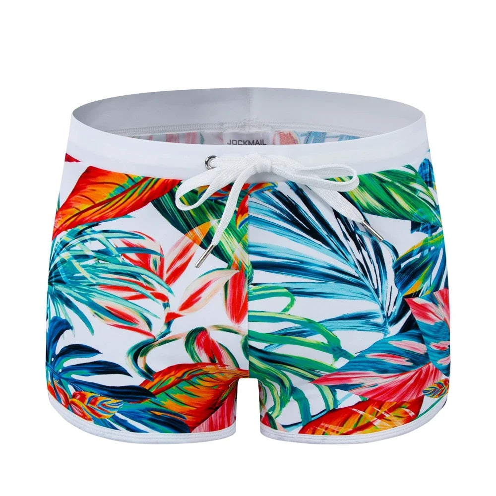 JOCKMAIL Print Men's Swimwear Trunks Sexy Beach Surfing Swim Suit Shorts Men Swimsuit Swimming Pants Nylon Ice Silk Home Shorts