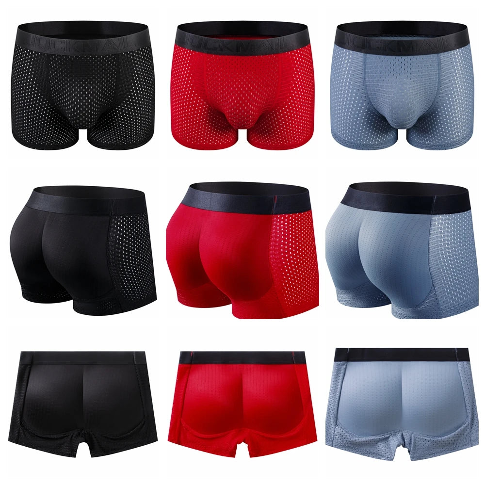 Men Trunks Built-in Fake Butt Hip Lifter Enhancer Shorts Boxer Briefs Padded Underwear Shapewear Underpants Nylon Breathable