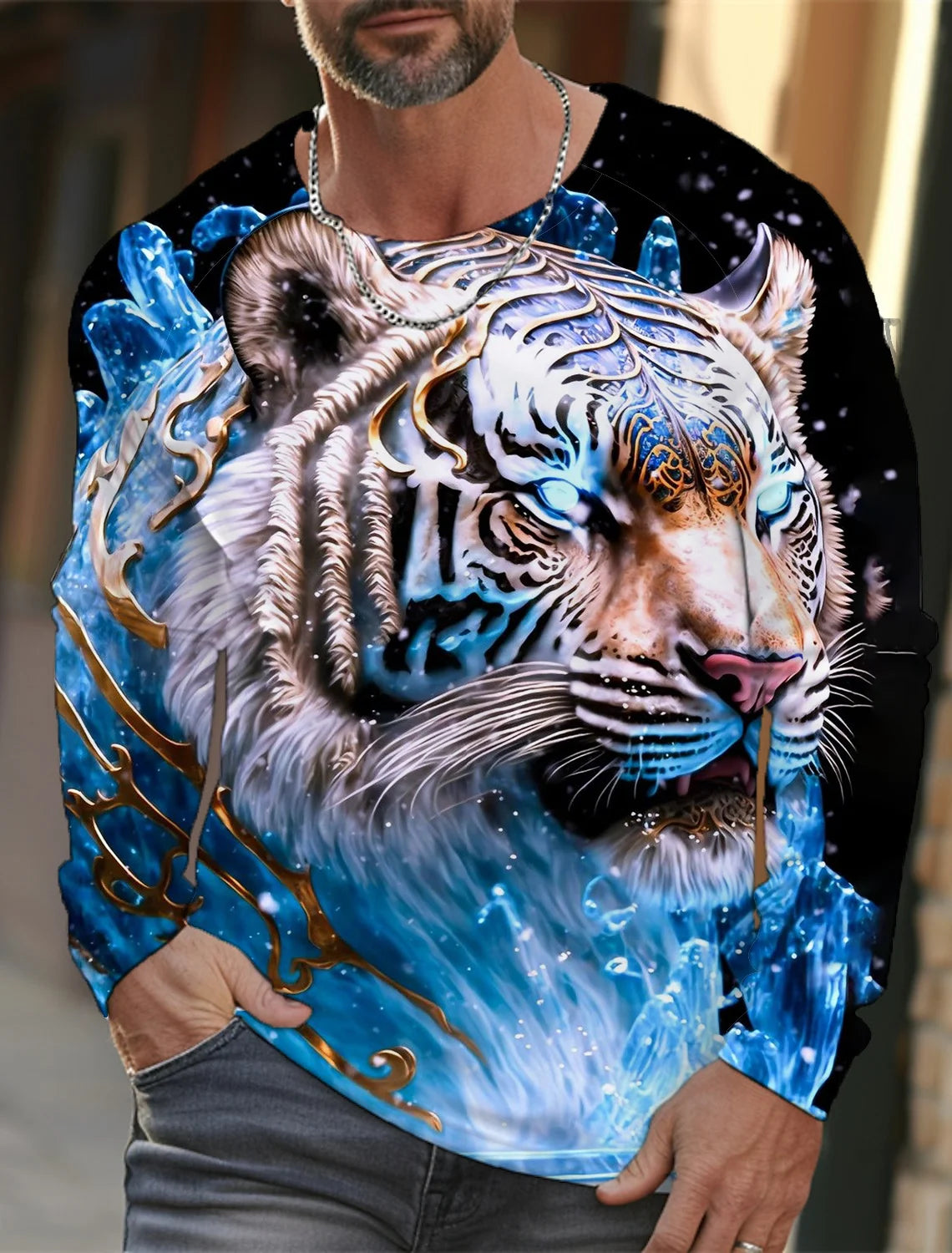 2024 New Tiger Print Pullover Autumn Winter Men's Casual Long Sleeve Round Neck Sweatshirt Streetwear Harajuku Men's Wear