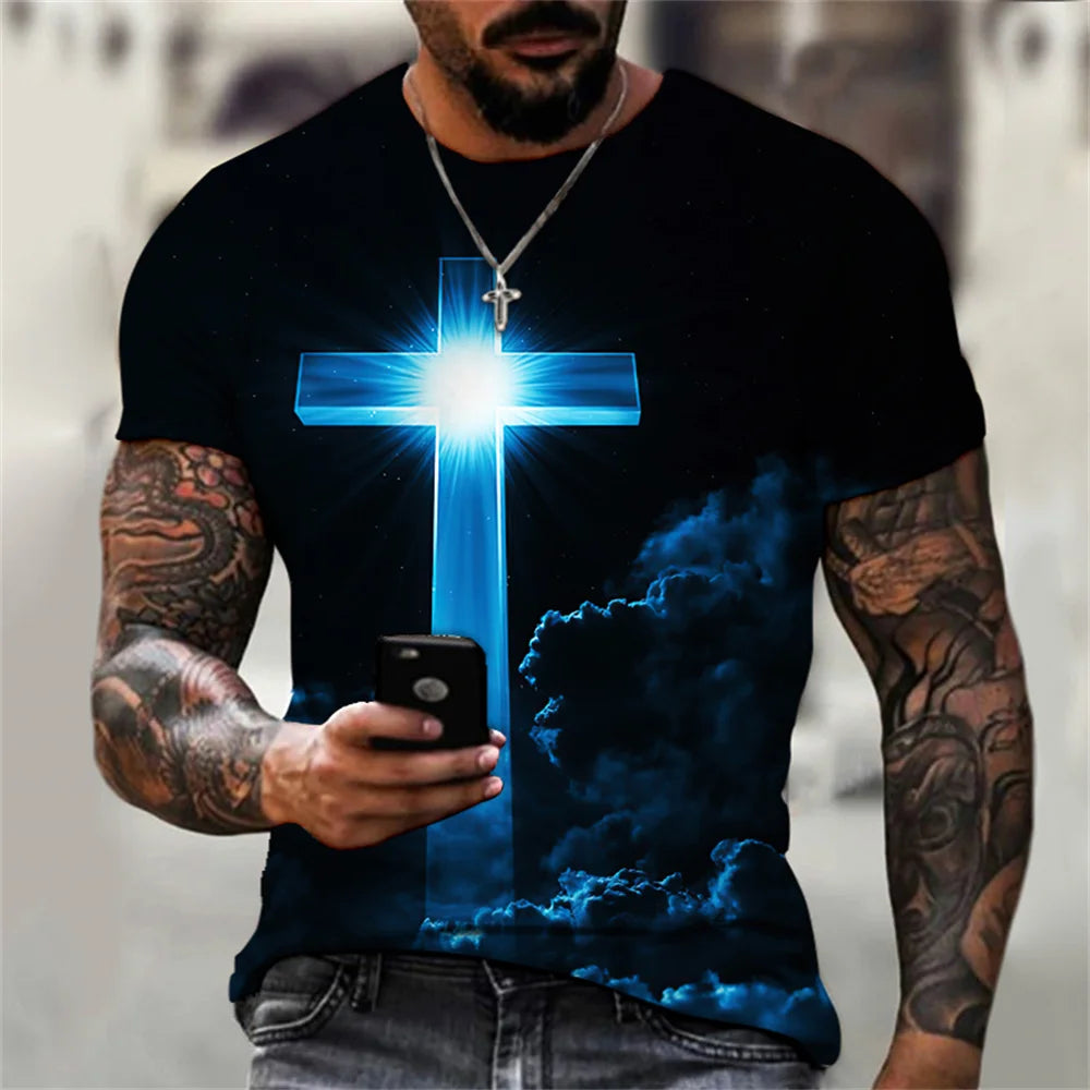 Christian Mens Clothing T Shirts Oversized T Shirt Gothic Jesus Christ Cross 3D Print O-neck Tops Vintage Hip Hop Short Sleeve