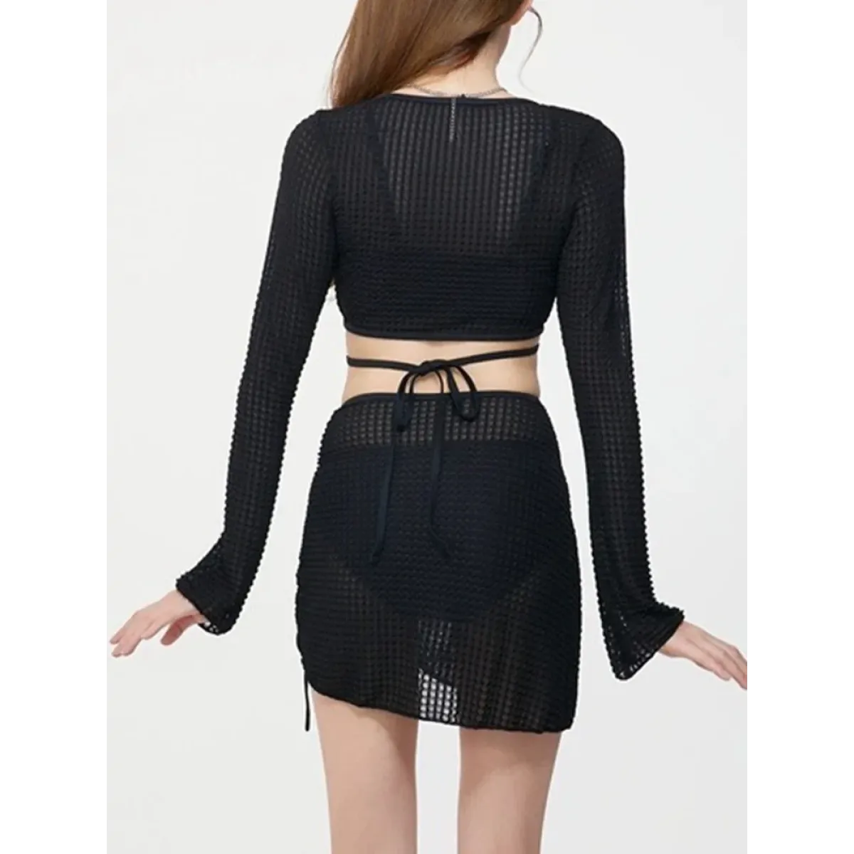 Ivory Mesh Chain Bikini Set – Long Sleeve Lace-Up Beachwear