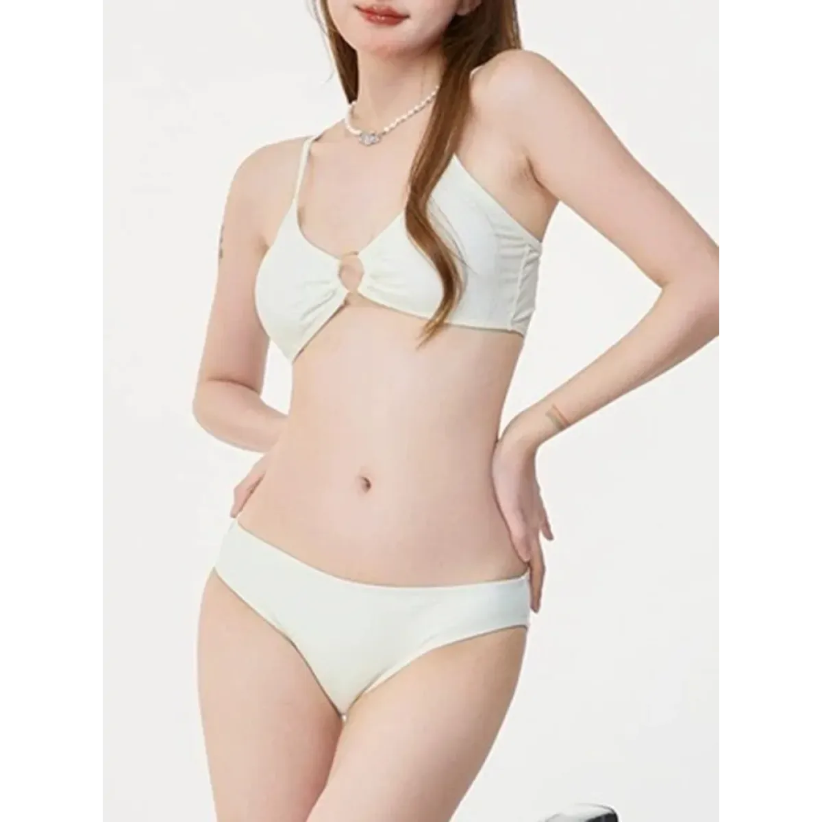 Ivory Mesh Chain Bikini Set – Long Sleeve Lace-Up Beachwear