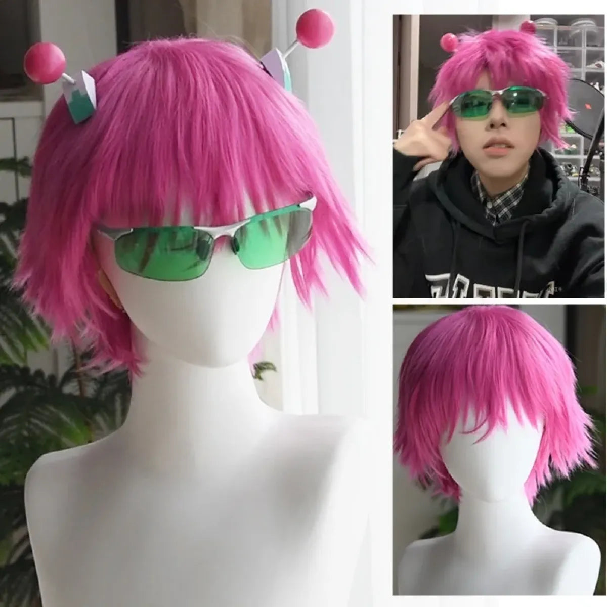 Saiki Kusuo Cosplay Wig – Pink Wig with Hairpins & Green Glasses Set
