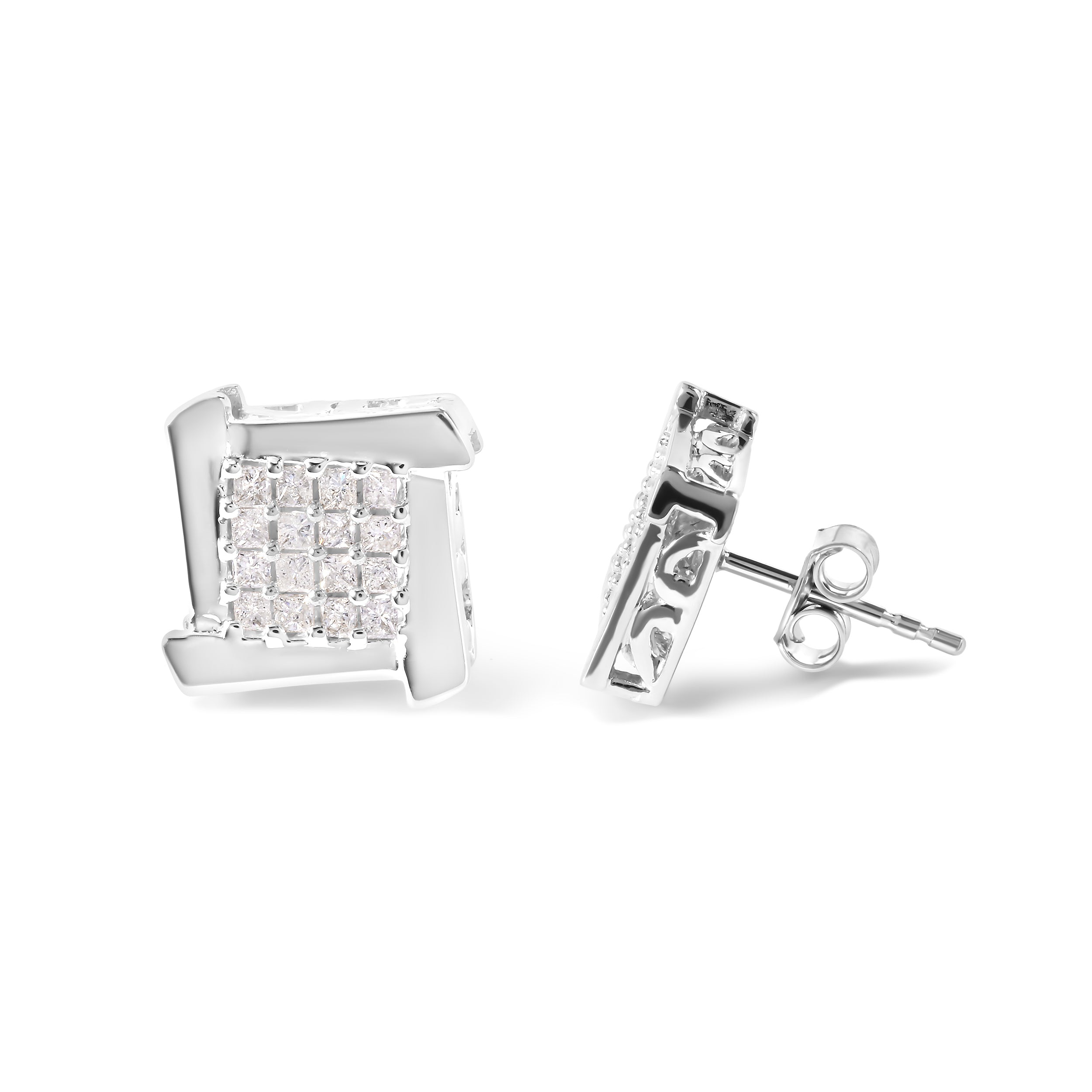 10K White Gold 1/2 Cttw Composite Princess Diamond Square and Swirl Stud Earrings (I-J Color, I1-I2 Clarity)