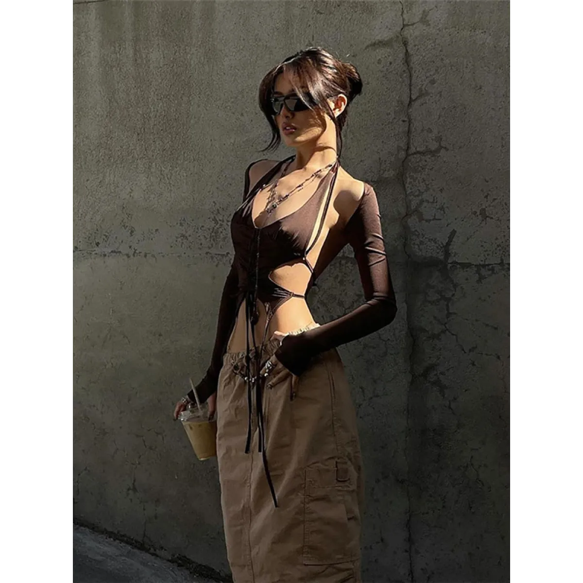 Backless Long Sleeve Crop Tops