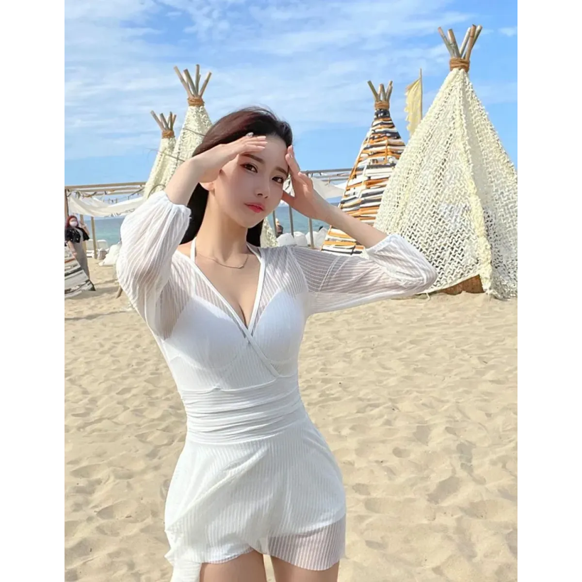 Mesh Low Cut Backless Swimsuit – Korean Beach Dress Biquinis 2025
