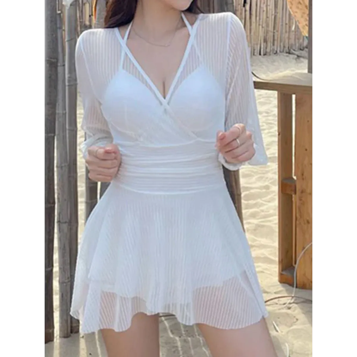 Mesh Low Cut Backless Swimsuit – Korean Beach Dress Biquinis 2025