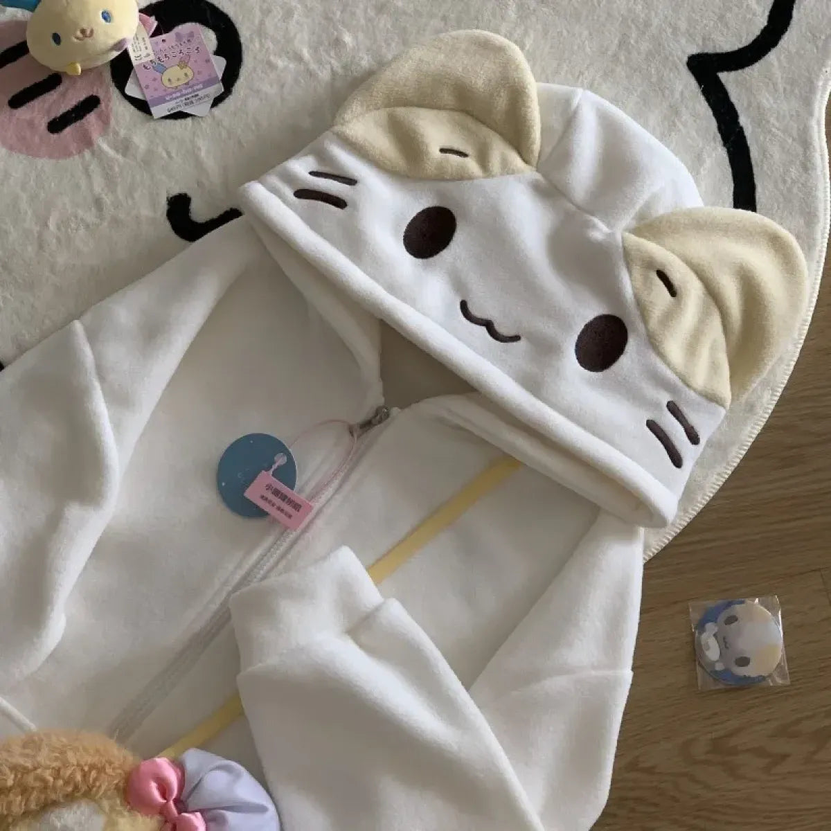 Beige Cutecore Cat Fleece Hoodie With Zipper