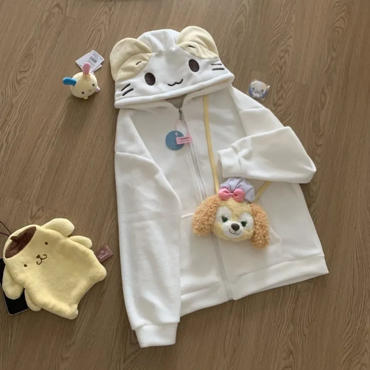 Beige Cutecore Cat Fleece Hoodie With Zipper