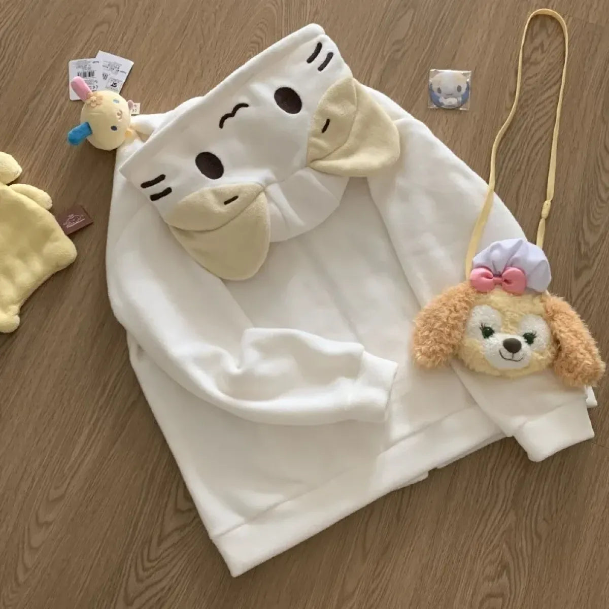 Beige Cutecore Cat Fleece Hoodie With Zipper