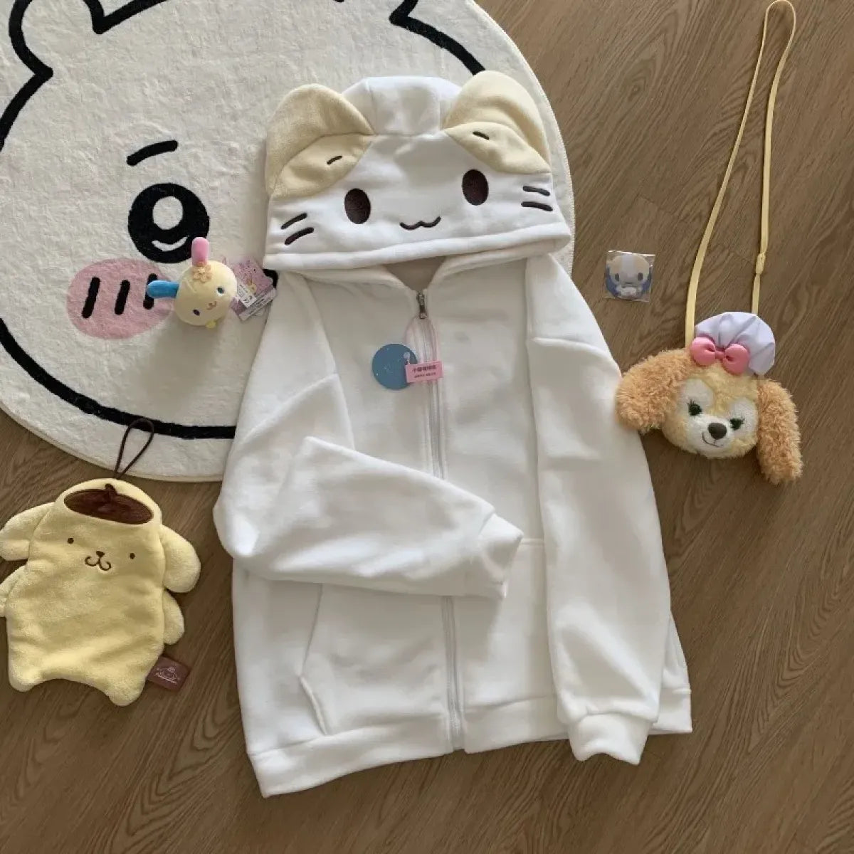 Beige Cutecore Cat Fleece Hoodie With Zipper