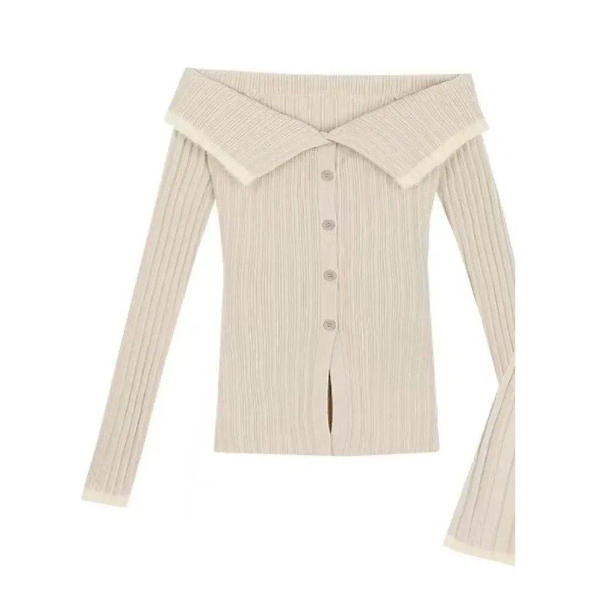 Beige Knit Two-Piece Set – Collared Cardigan & Pleated Skirt