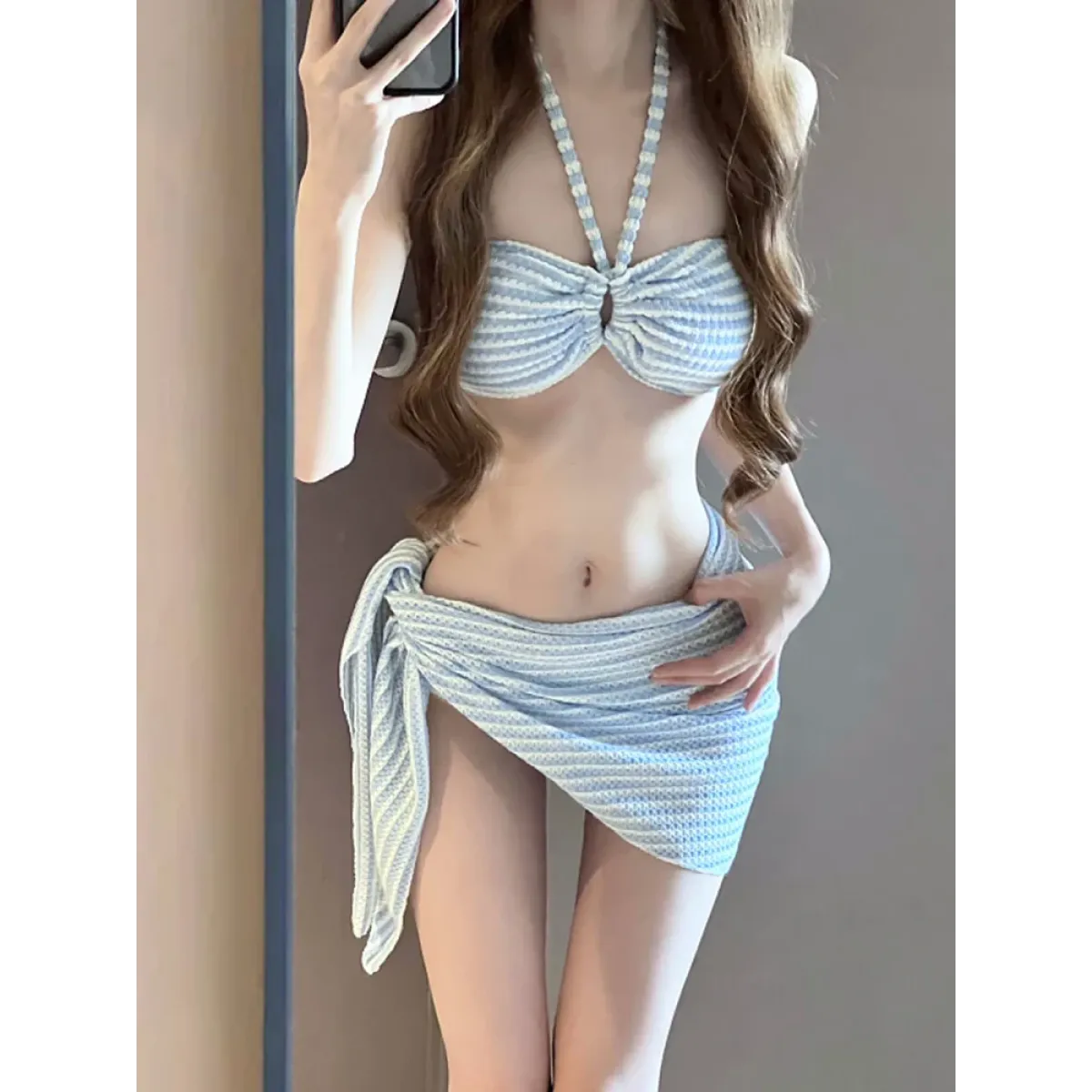 Striped 4-Piece Bikini Set – Halter Top, Sarong Cover-Up Summer Swimwear