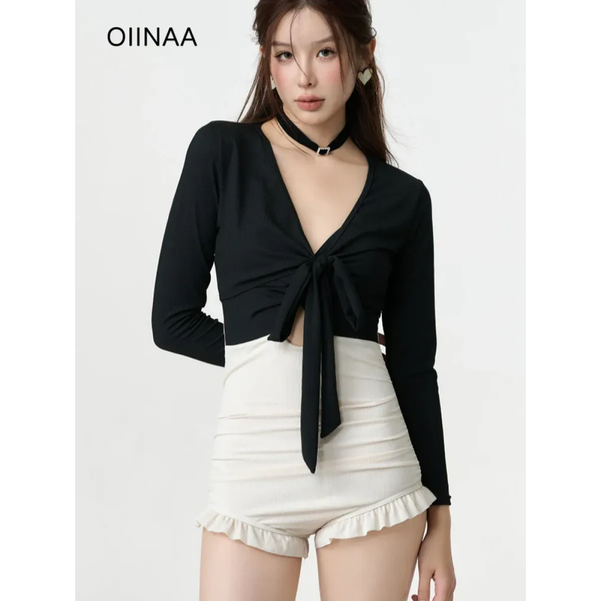 Bikini Set – V-Neck Long Sleeve with Ruffle High Waist