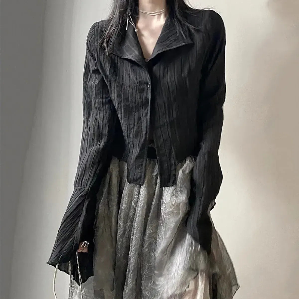 Black Gothic Irregular Shirt – Dark Aesthetic Grunge Blouse