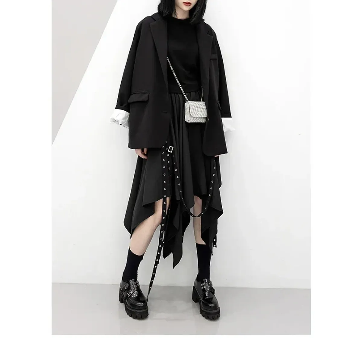 Black Irregular Hem Gothic Punk Skirt – Buckle Straps & Studded Details