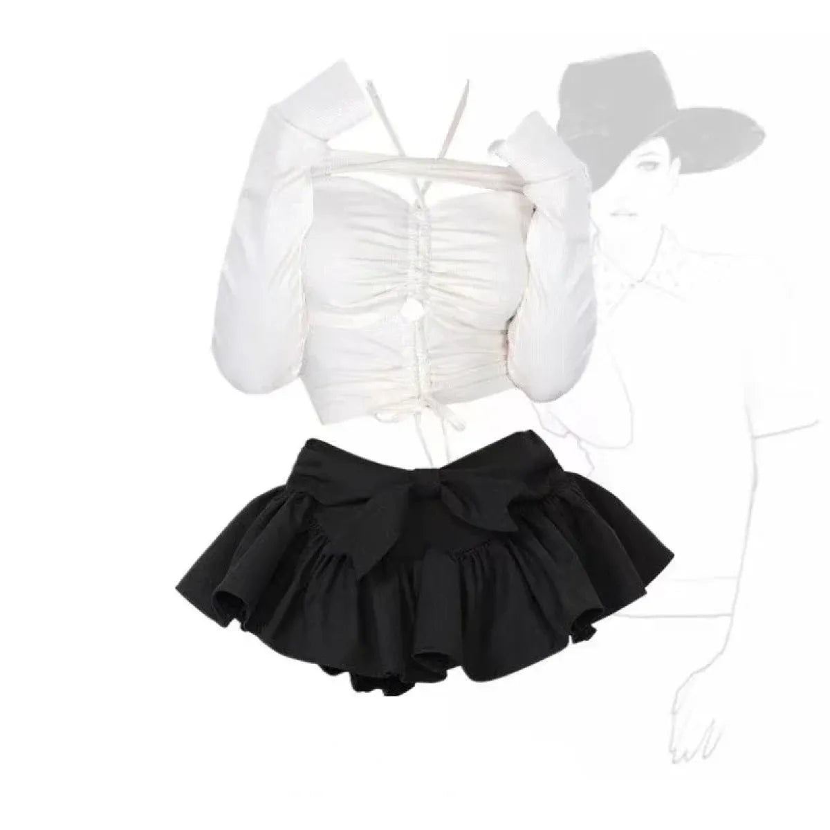 Off-Shoulder Crop Top & Black Mini Skirt Set – Kawaii Y2K