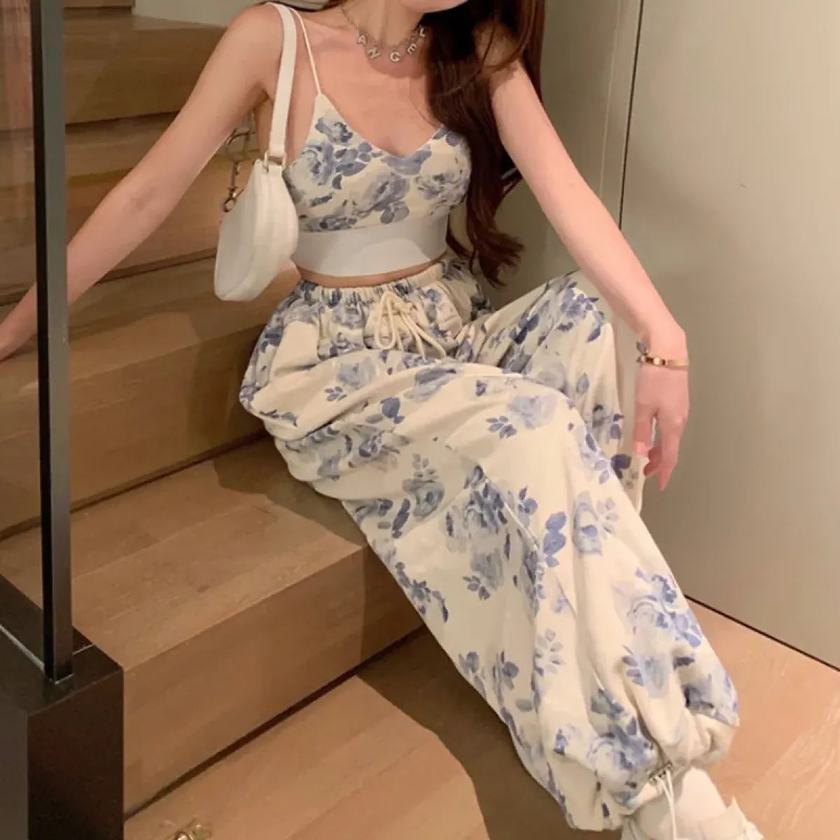 Blue Floral Two-Piece Set – V-Neck Camisole & Drawstring Pants