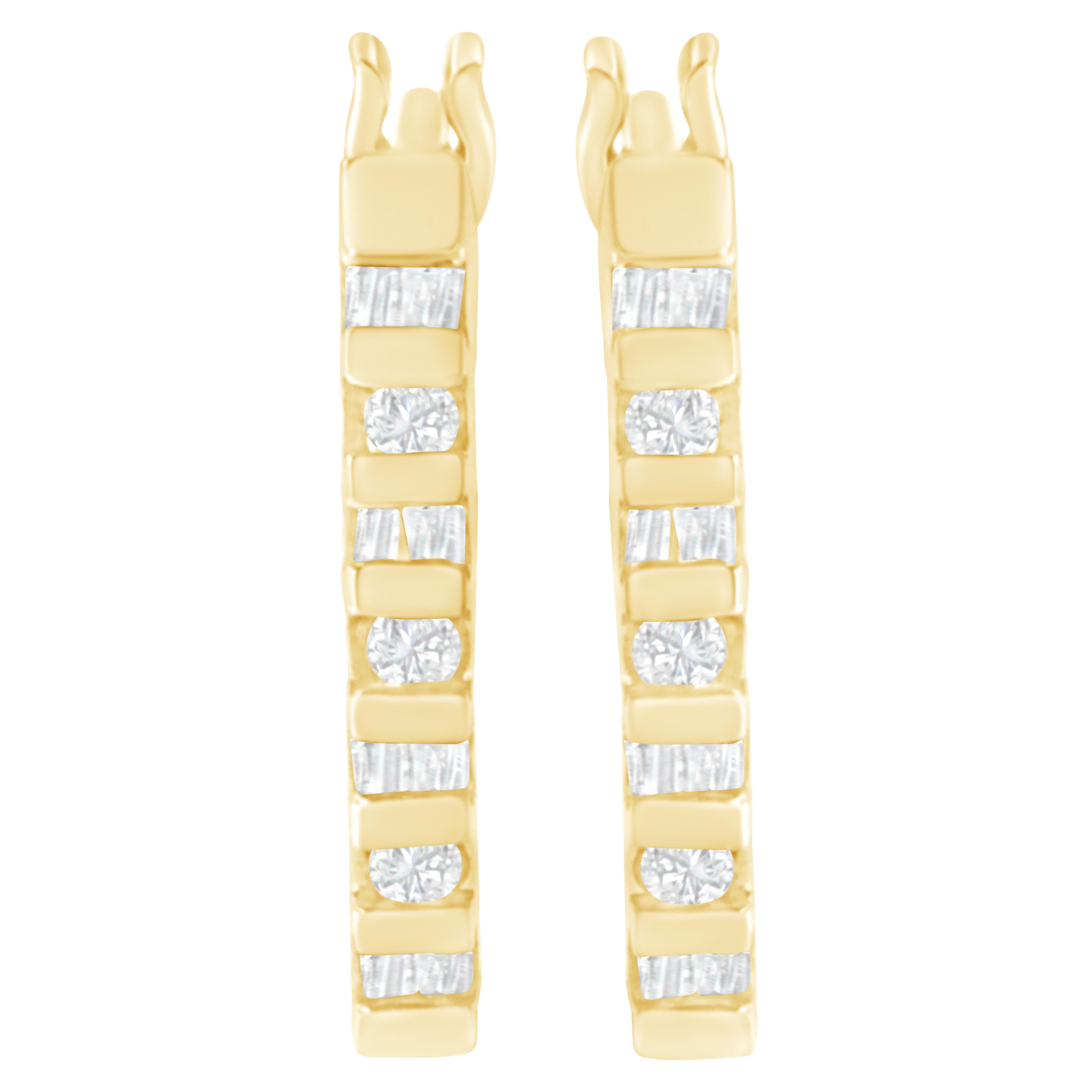 10K Yellow Gold Round and Baguette Cut Diamond Oblong Hinged Leverback Hoop Earrings (¼ Cttw, I-J Color, I2-I3 Clarity)
