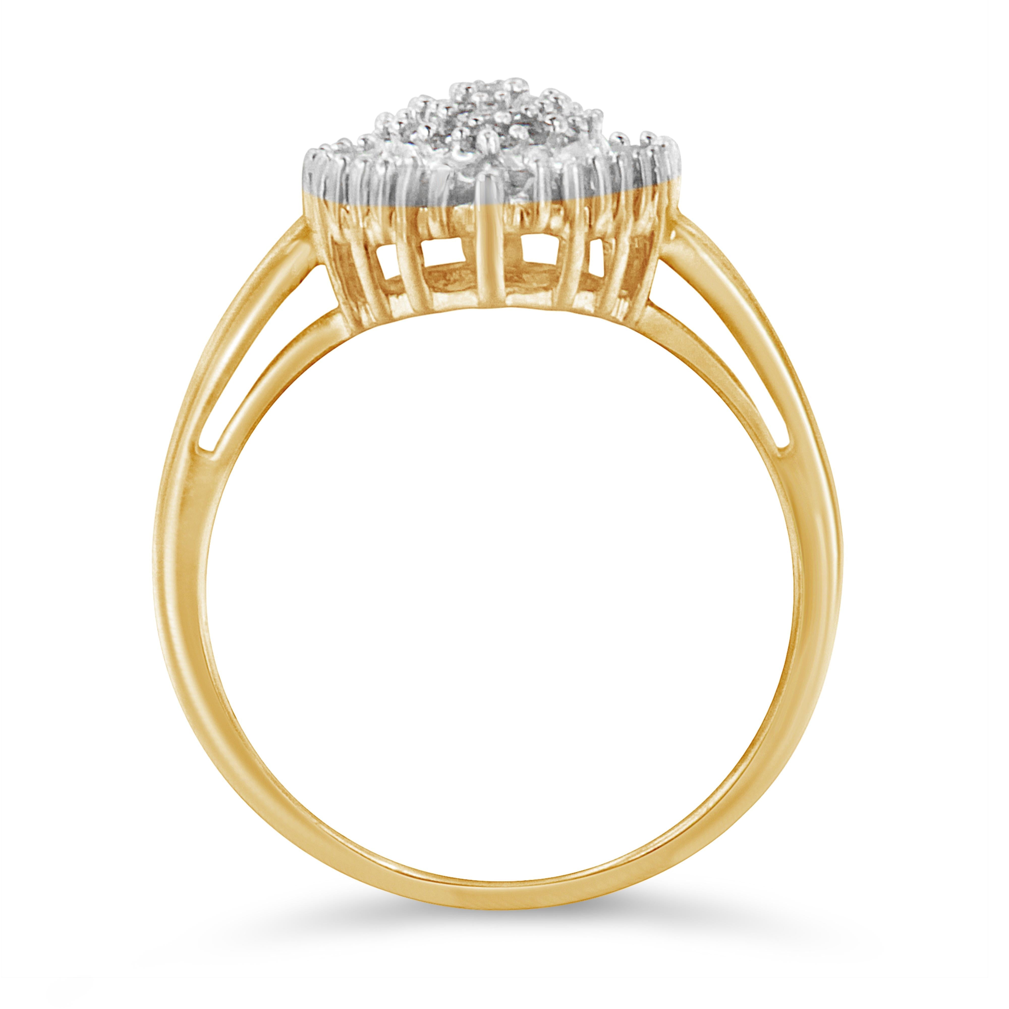 10K Yellow Gold 1/2 Cttw Round & Baguette Cut Diamond Pear Shaped Domed Pavé Cluster with Halo Cocktail Ring (J-K Color, I1-I2 Clarity) - Size 4-1/4