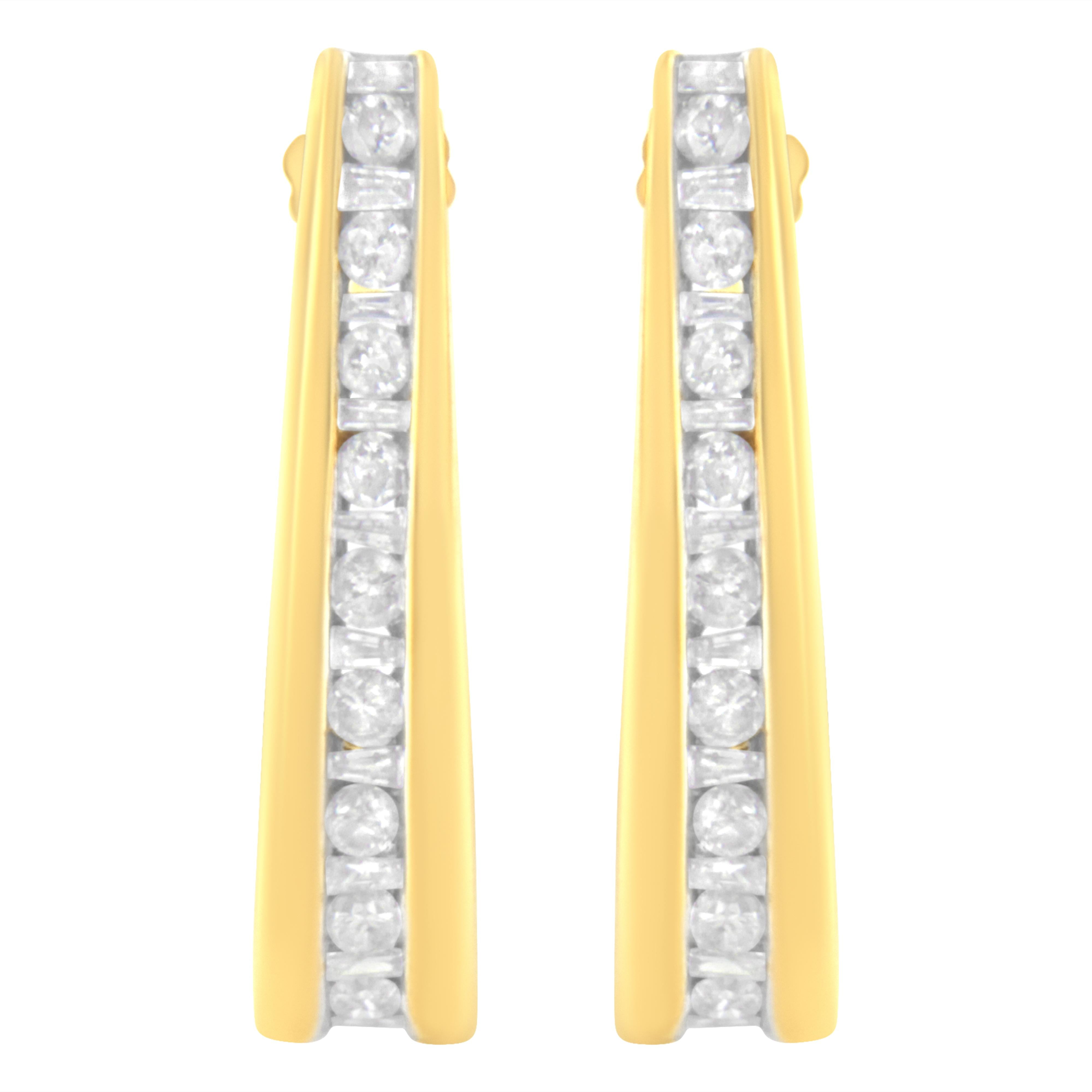 10K Yellow Gold 1 cttw Channel Set Diamond J-Hoop Earrings (H-I Clarity, I1-I2 Color)