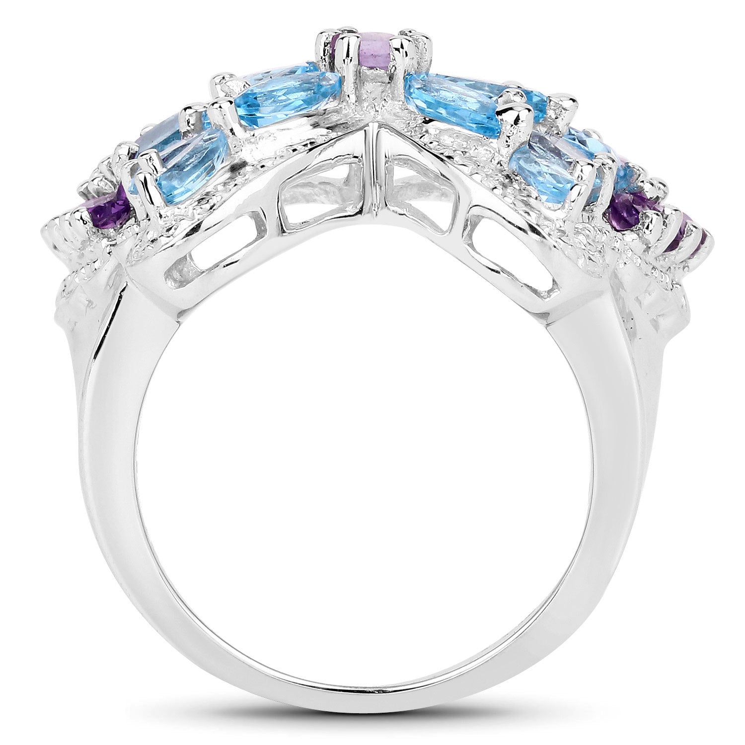 3.56 Carat Genuine Swiss Blue Topaz and Amethyst .925 Sterling Silver Ring