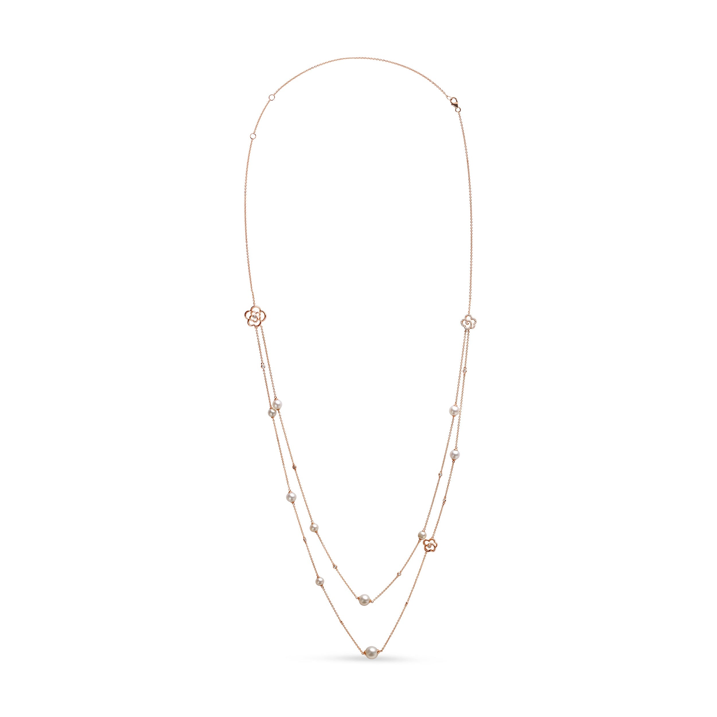 18K Rose Gold 1/2 Cttw Diamond and Freshwater Pearl Double Strand Station Necklace (G-H Color, SI1-SI2 Clarity) - Adjustable up to 16" to 20"