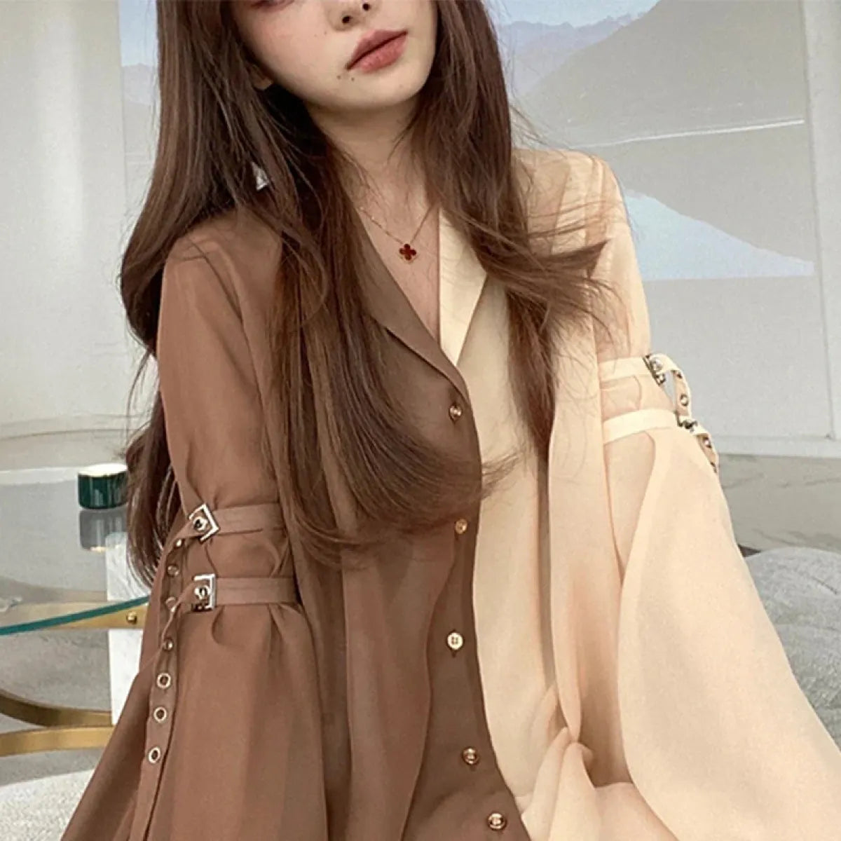 Brown Oversized Sheer Blouse – Chic Harajuku Cottagecore Shirt Dress