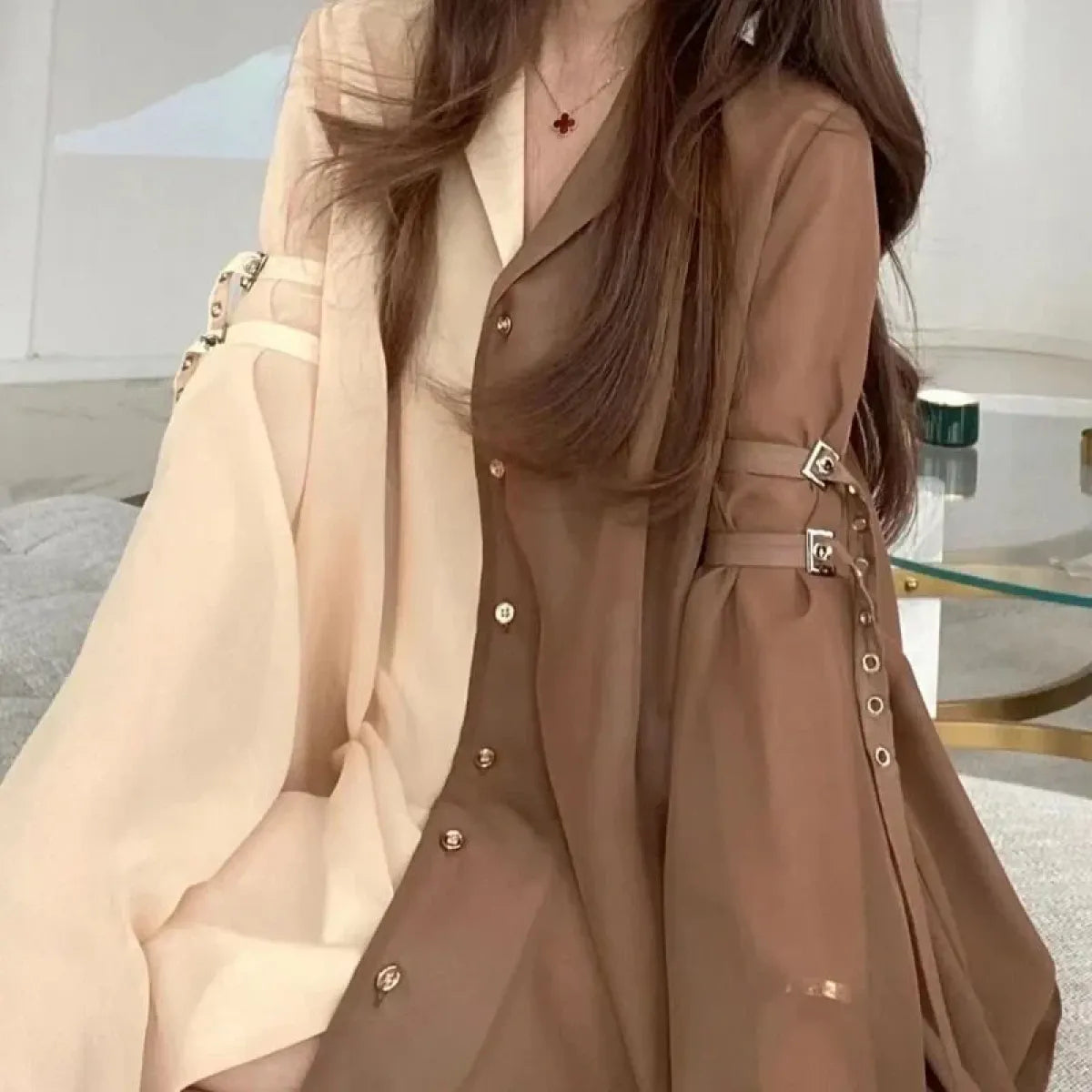 Brown Oversized Sheer Blouse – Chic Harajuku Cottagecore Shirt Dress