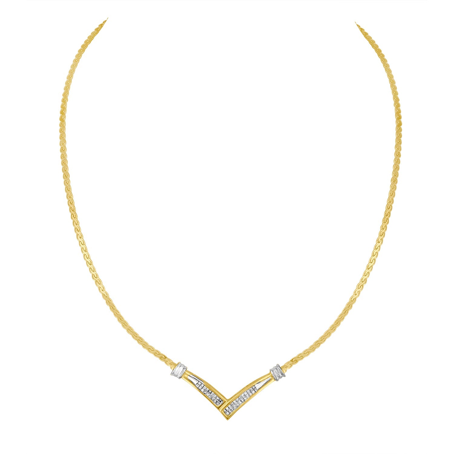 10K Yellow and White Gold 1/2 Cttw Princess Cut Diamond Channel-Set “V†Shape 18" Franco Chain Necklace (H-I Color, SI2-I1 Clarity)