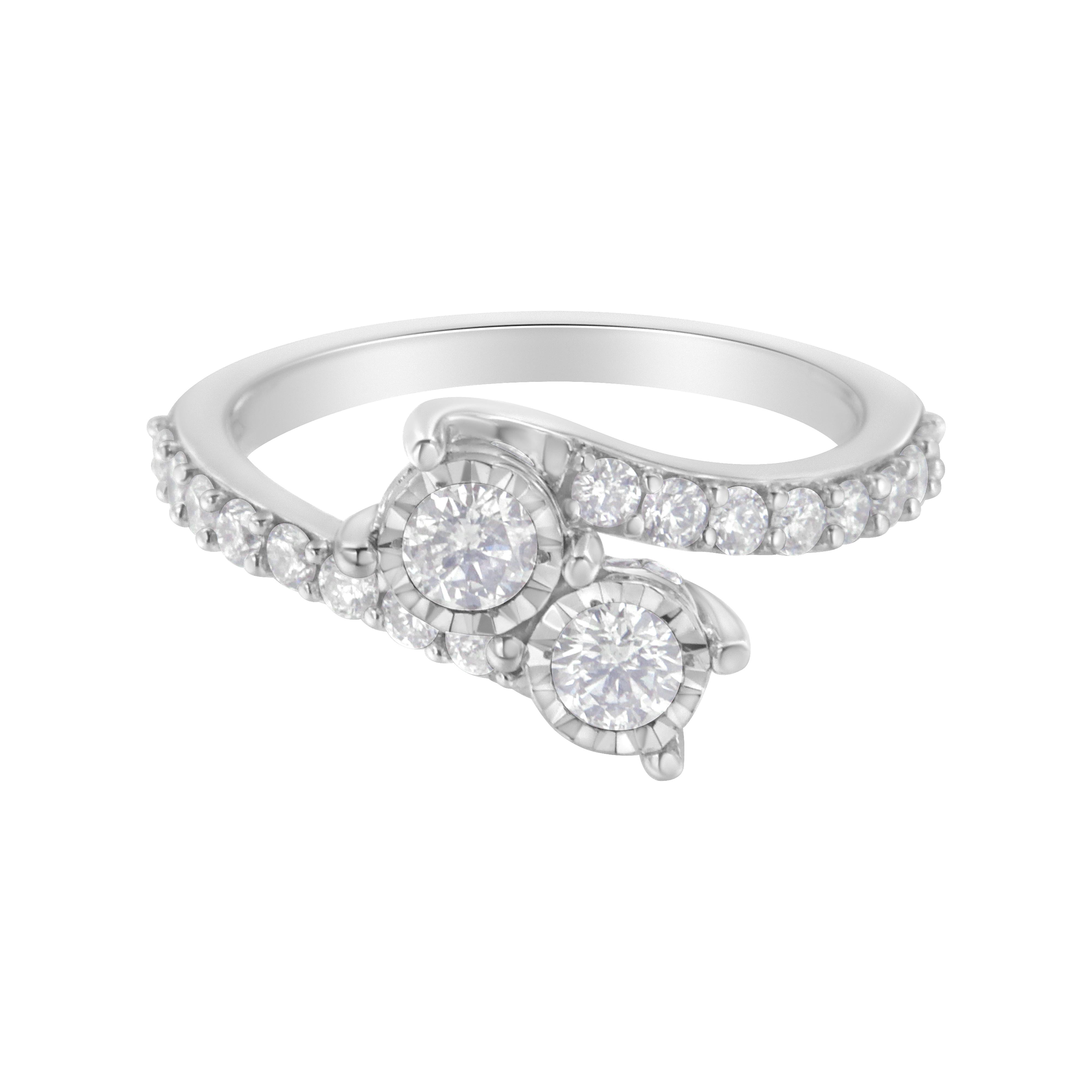 10K White Gold Two-Stone Miracle-Set Diamond Bypass Ring (1 Cttw, H-I Color, I1-I2 Clarity) - Size 6