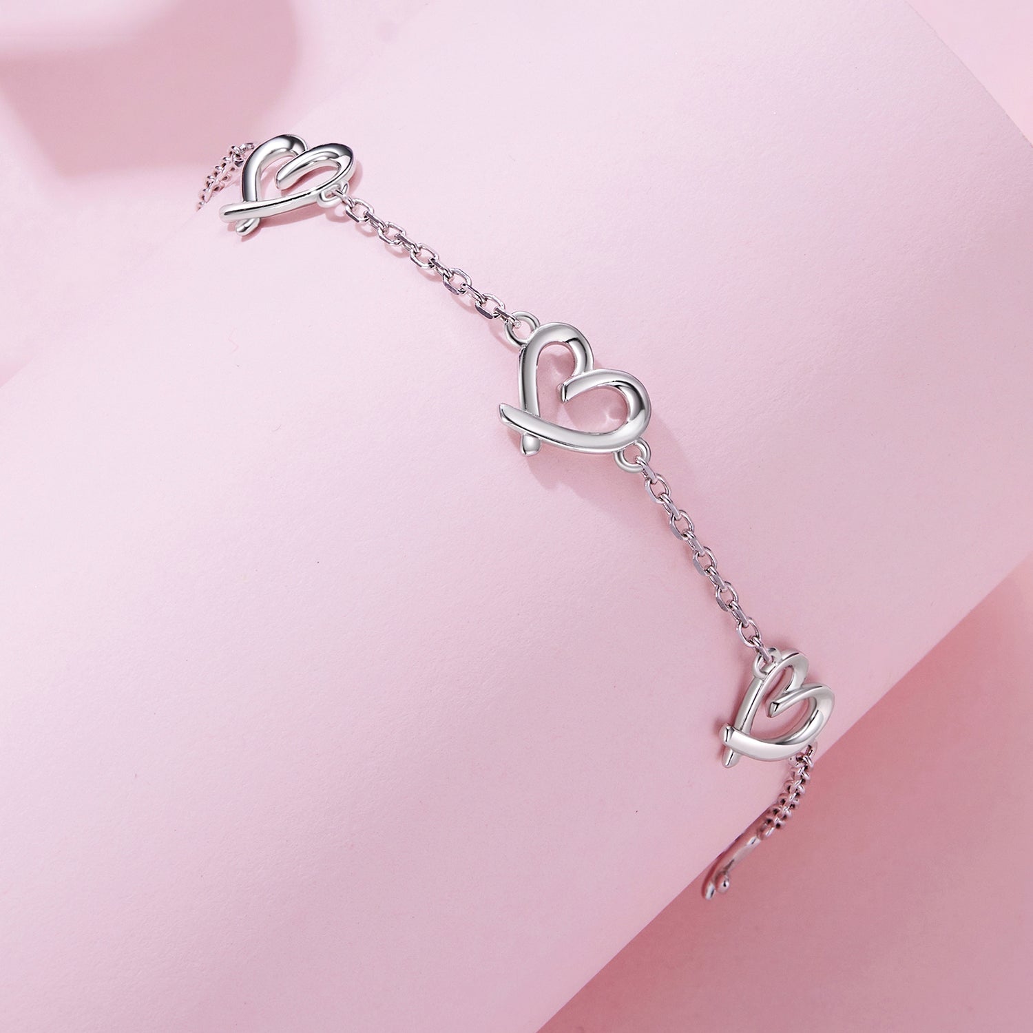 925 Sterling Silver 15+6cm 0.8cm Heart White Gold Plated Bracelet for Women