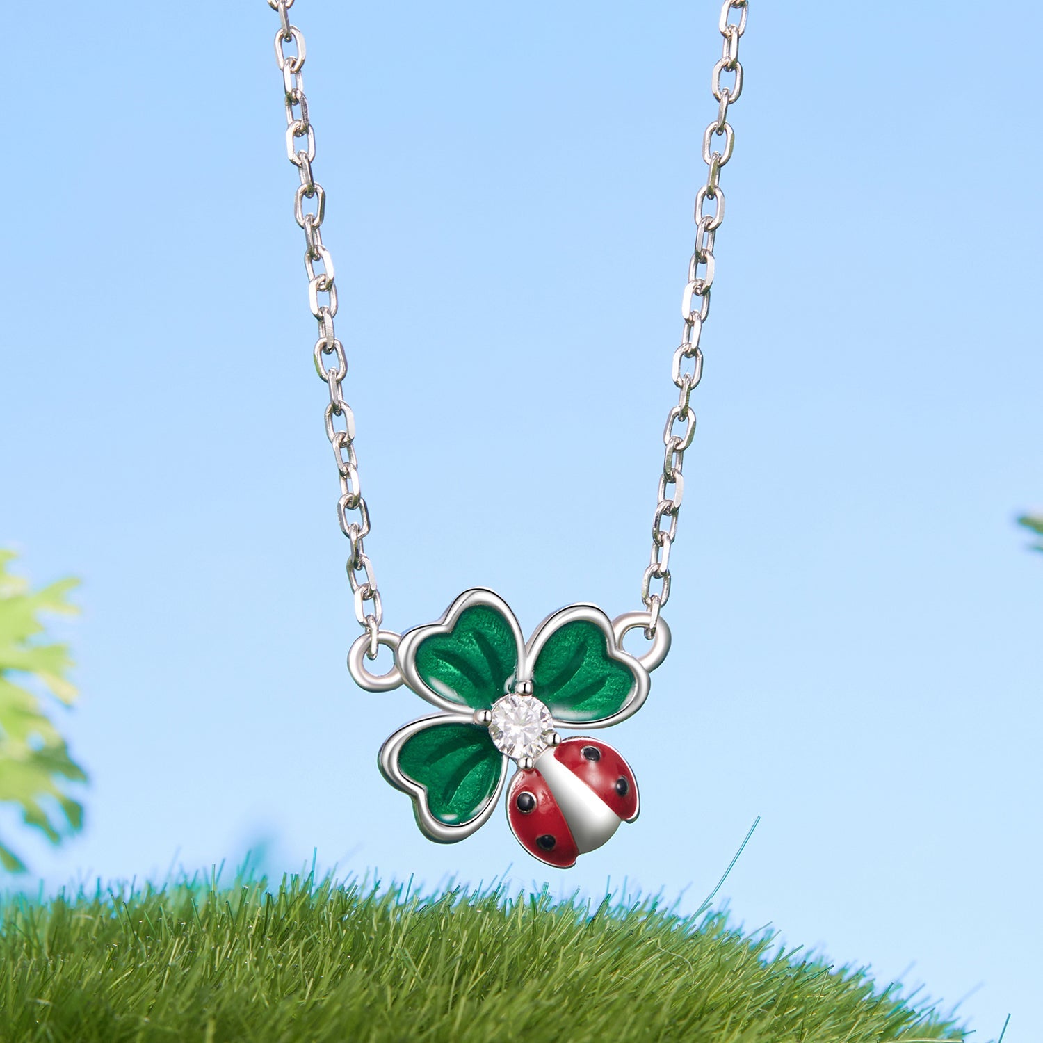925 Sterling Silver Necklace with Enamel, White Gold Plated, 40+5 cm Chain Length, Women's Jewelry