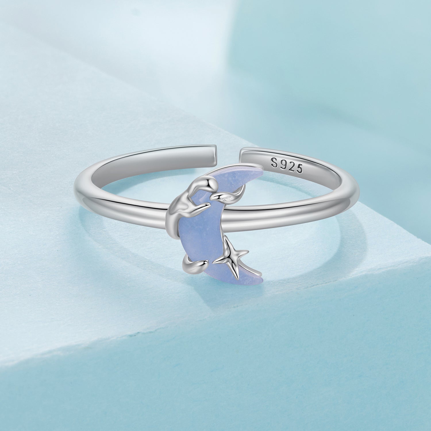 925 Sterling Silver Luminous Stone 0.80cm Moon Ring for Women