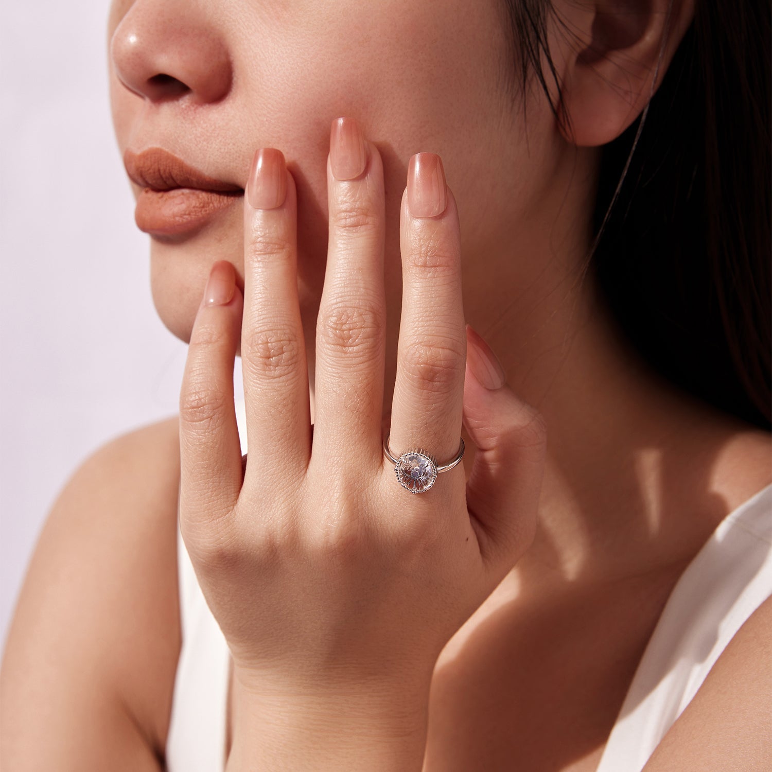 925 Sterling Silver Ring with Transparent Glass & Nano Opal, Width 0.18cm, Style E, for Women