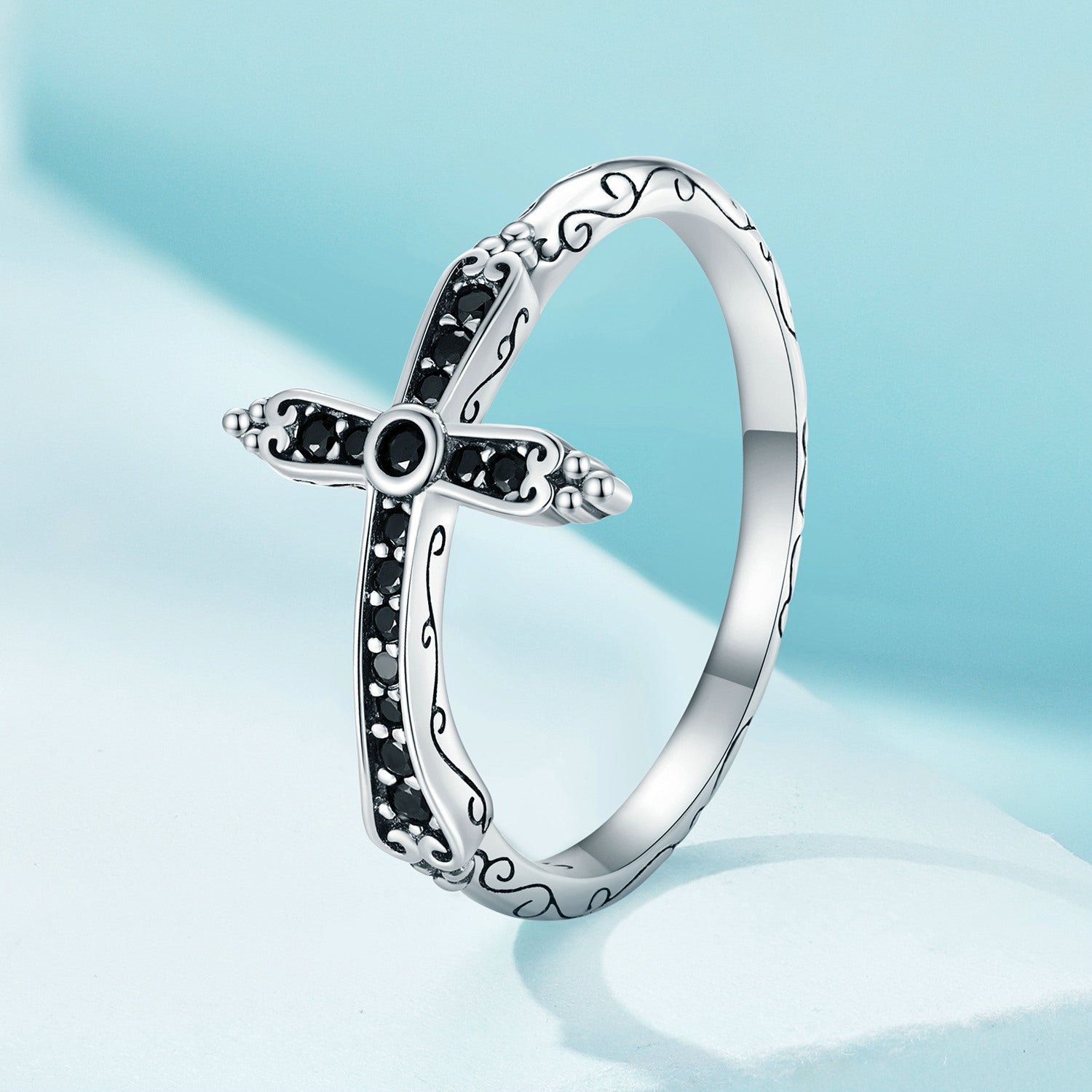 925 Sterling Silver Oxidized Ring with Pavé Setting CZ, Size 6.0 for Women
