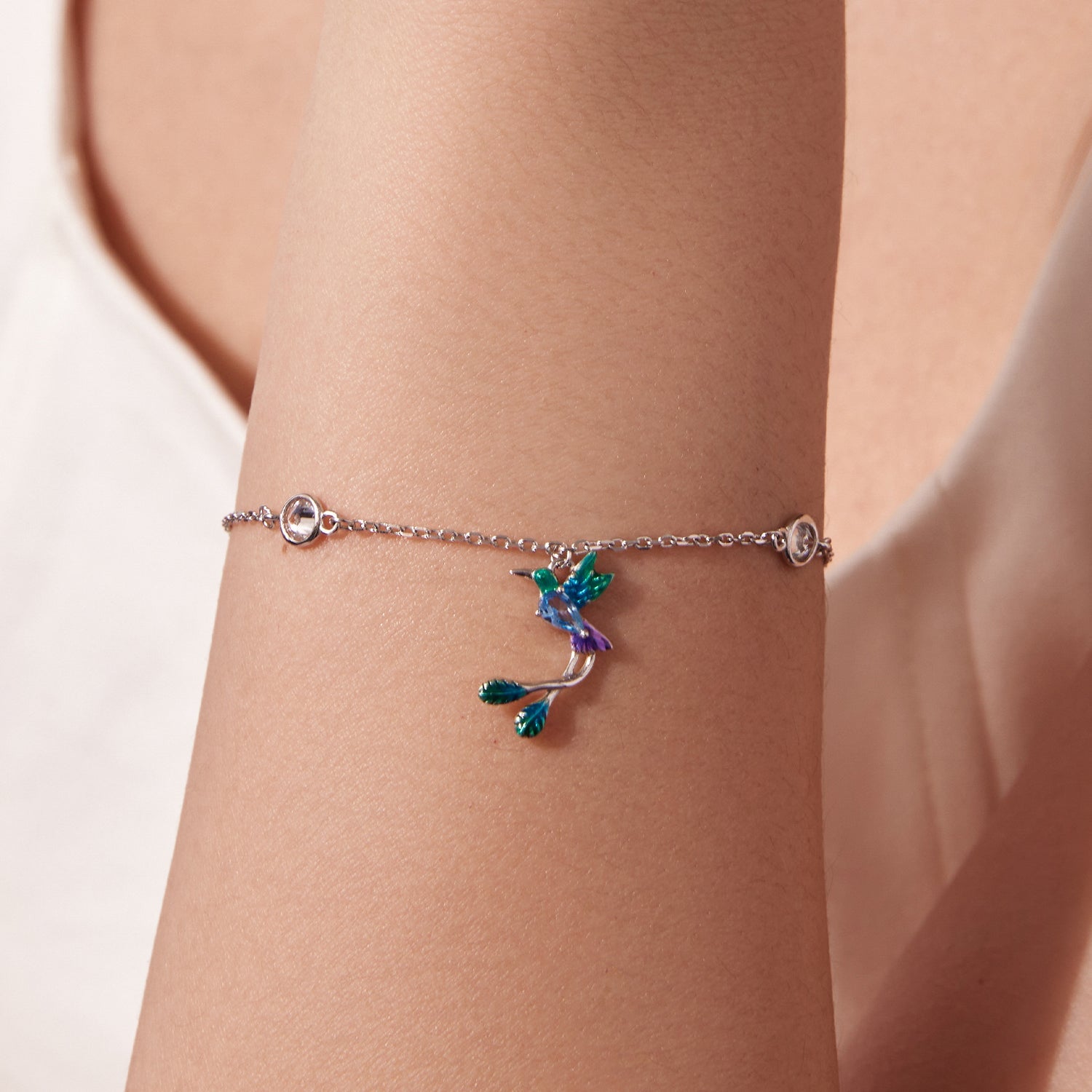 925 Sterling Silver Enamel Pavé CZ White Gold Bracelet for Women 15+6cm
