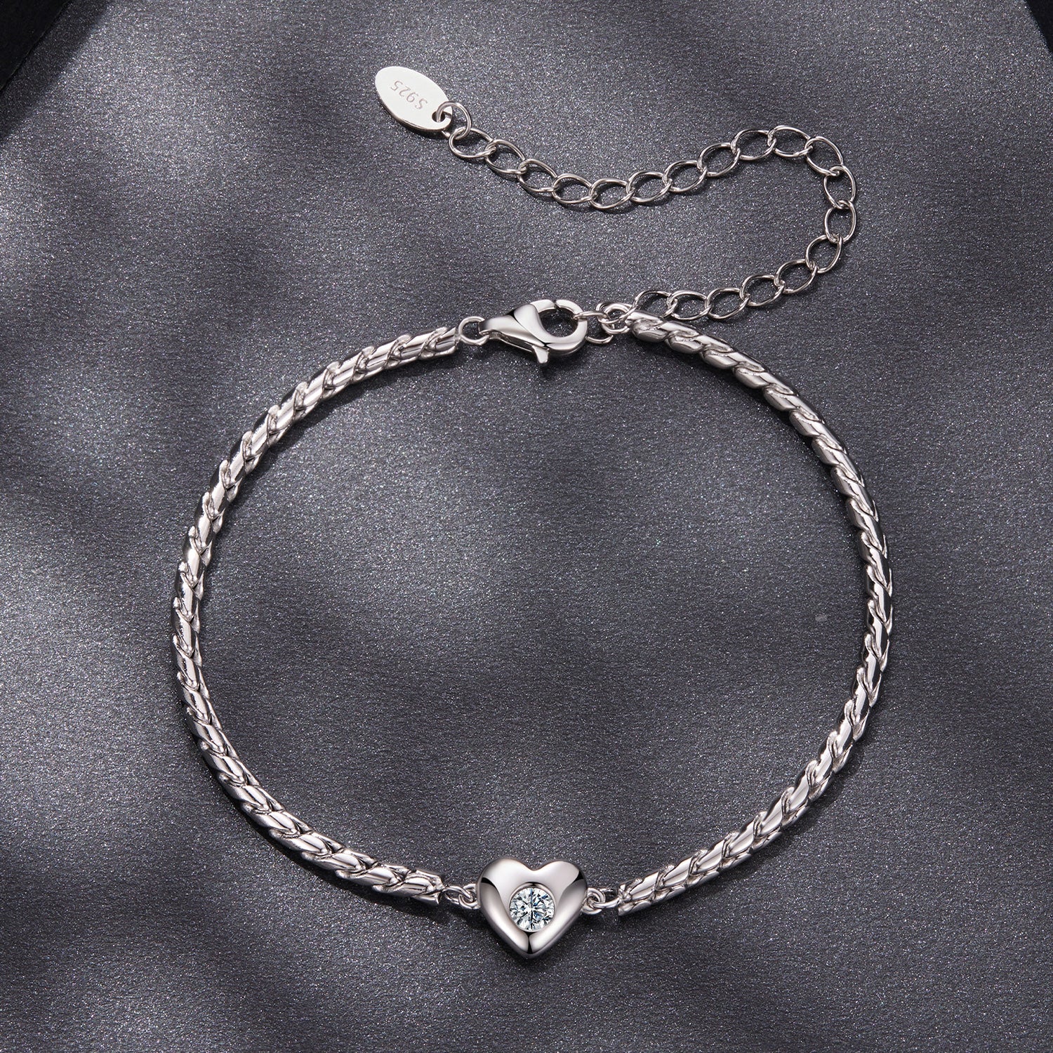 925 Sterling Silver Moissanite Heart Bracelet for Women - Silver - 15+6cm Length, 0.3cm Thickness