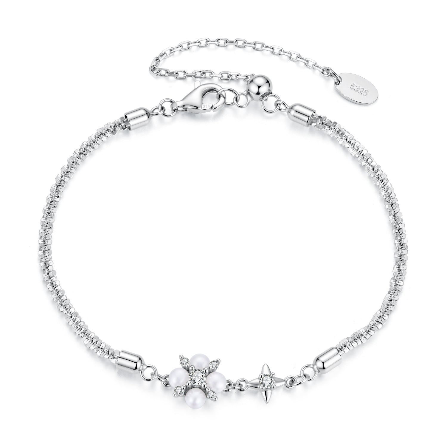 925 Sterling Silver Adjustable Moissanite & Natural Pearl Bracelet for Women