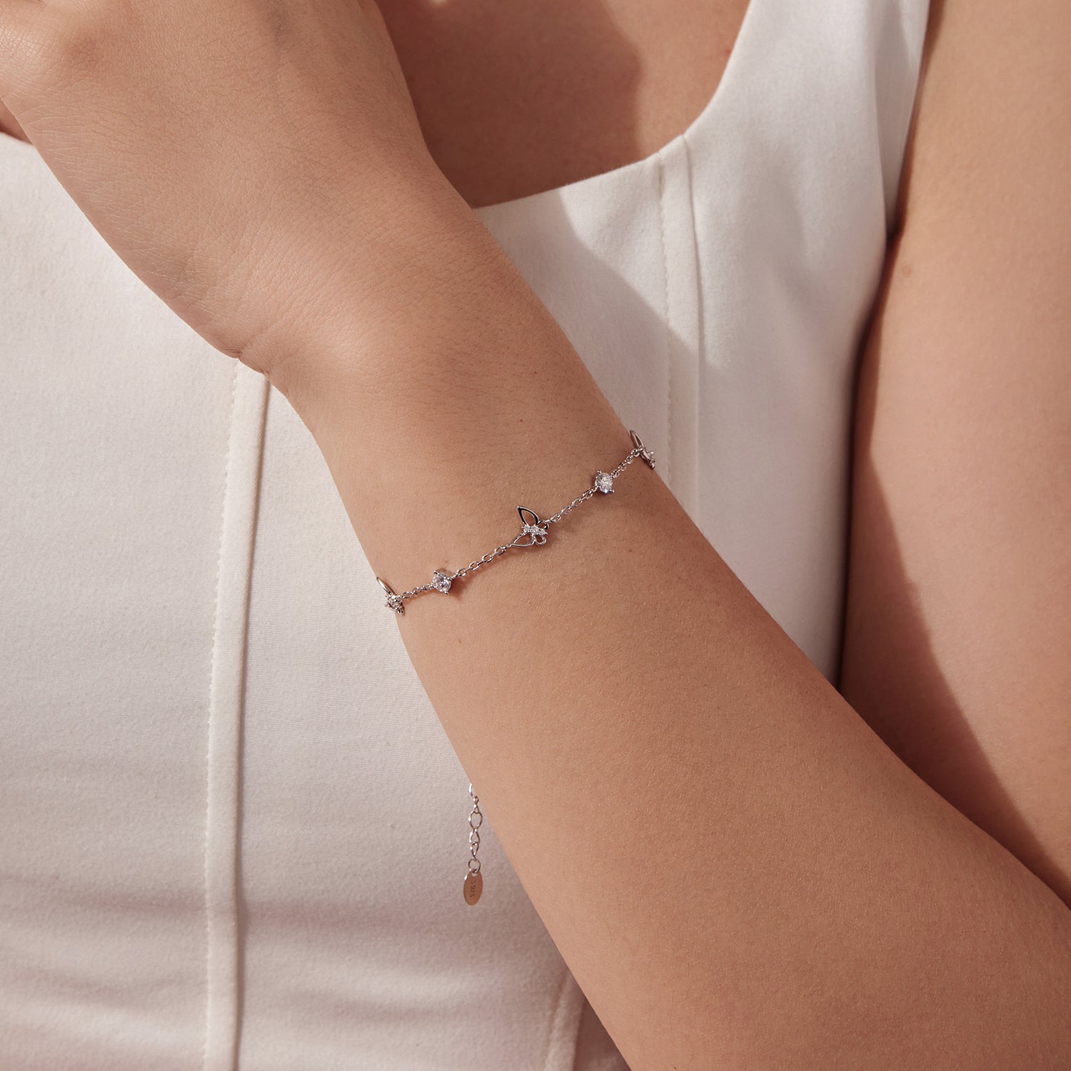 925 Sterling Silver White Gold Plated Bracelet with Moissanite, 15+6cm, for Women
