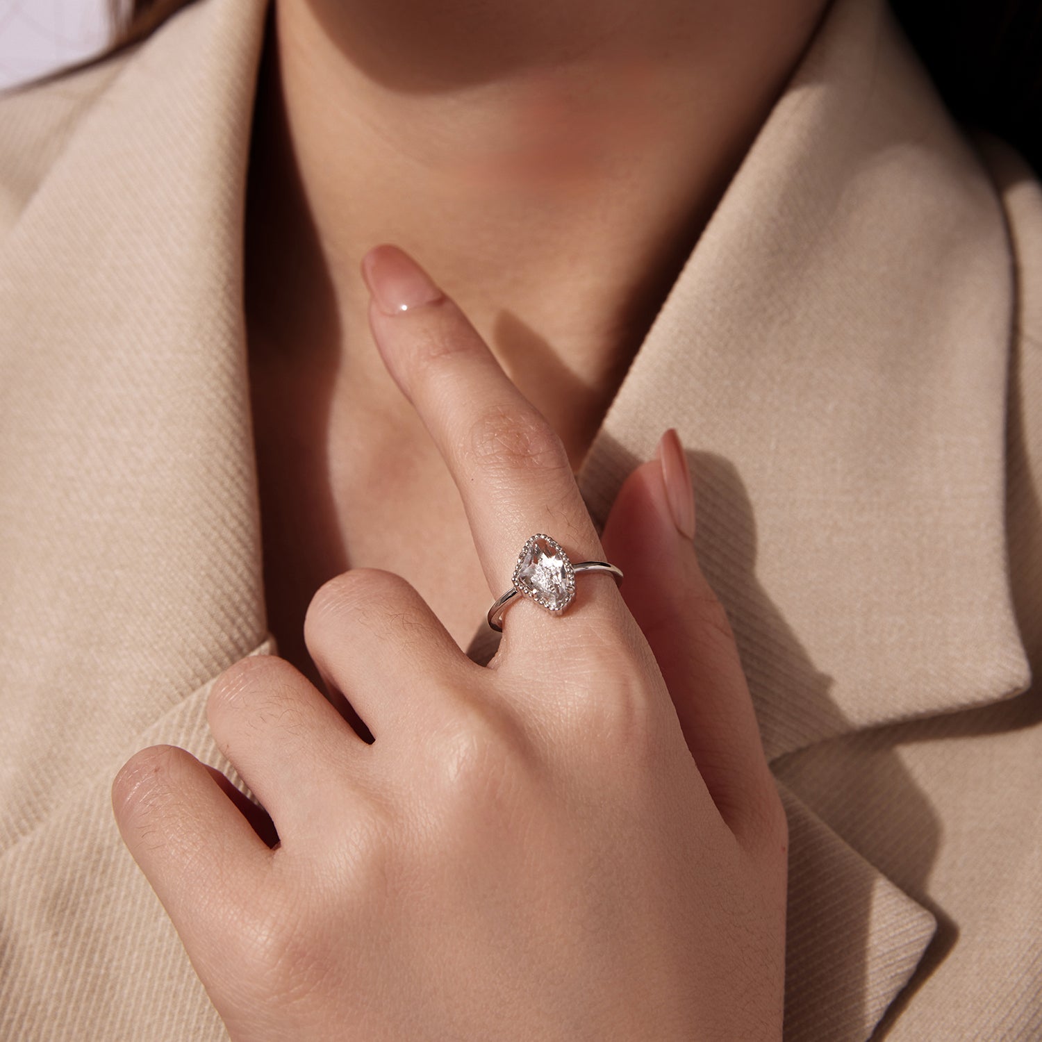 925 Sterling Silver Ring with Transparent Glass and CZ, 0.15cm Width, for Women