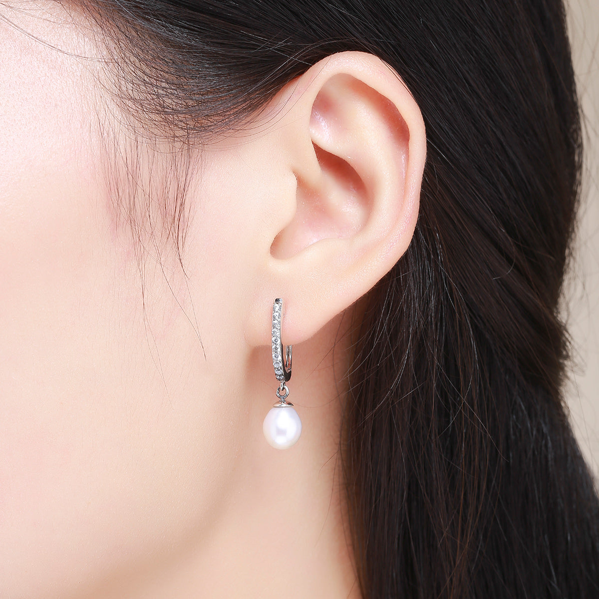 925 Sterling Silver Freshwater Pearl Earrings with Pavé Setting CZ for Women