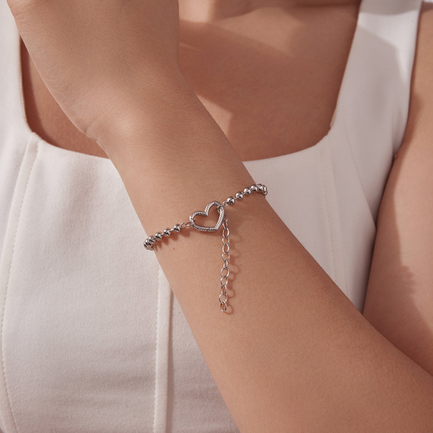 925 Sterling Silver 16+5cm White Gold Plated Heart Bracelet for Women