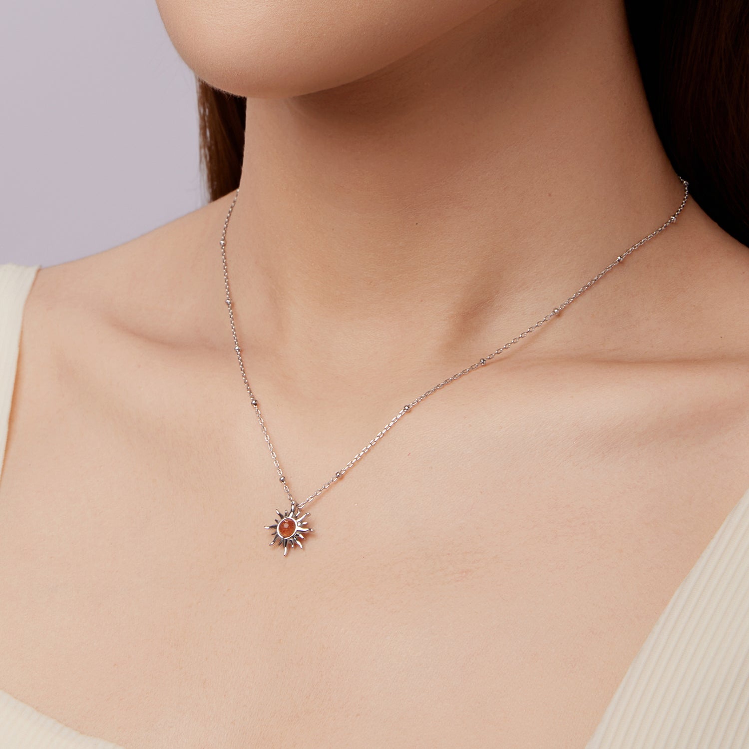 925 Sterling Silver Necklace with Natural Golden Sunstone, 40+5cm, Plated White Gold for Women